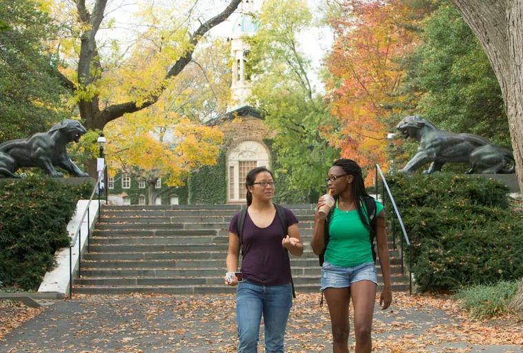 Students walking away from stairs with tiger sculptures on either side