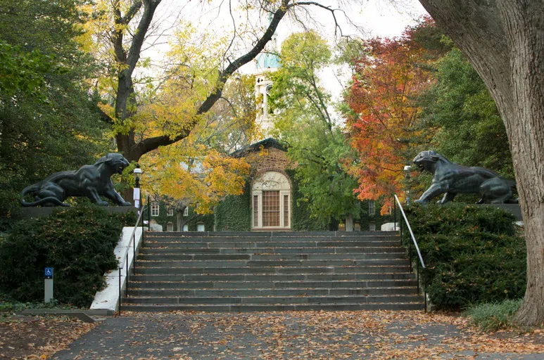 Two tiger sculptures on either side of stairs leading up to Nassau Hall