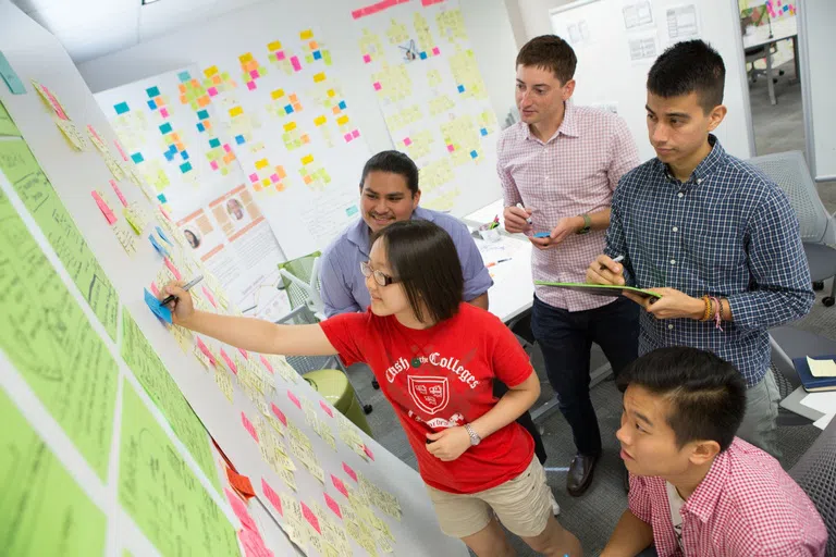 Students gathered at a white board with colorful post-it notes