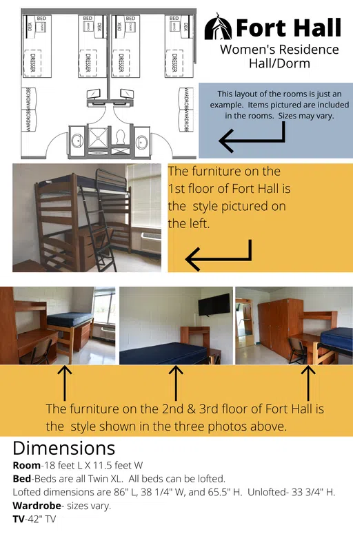 Informational Sheet for Fort Residence Hall with pictures and room specifications.