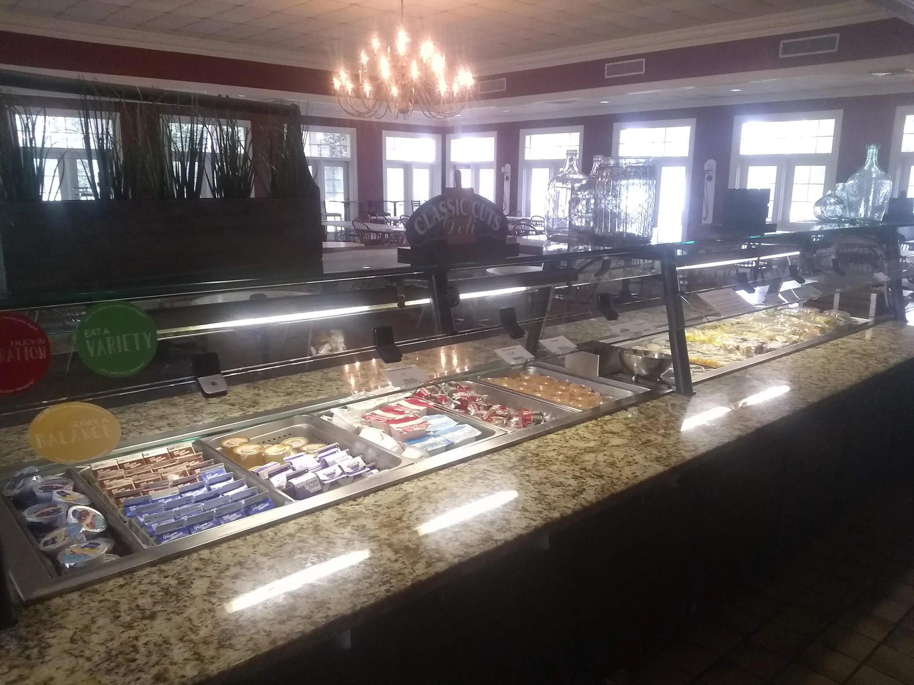 Food service area photo in the dining room at Turner Dining Hall with packaged food and beverages..