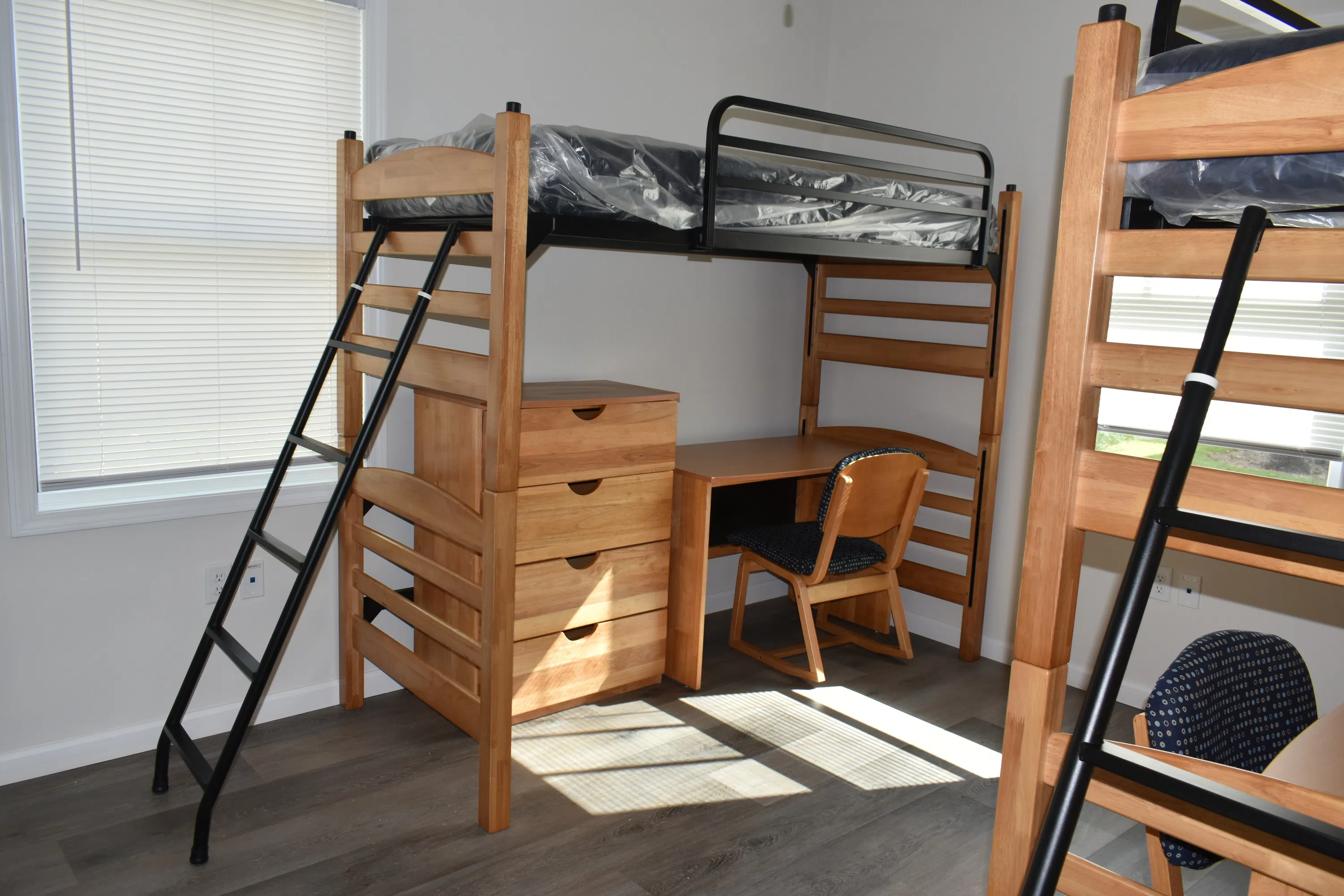 Patterson bedroom with bunk, desk, and chair.