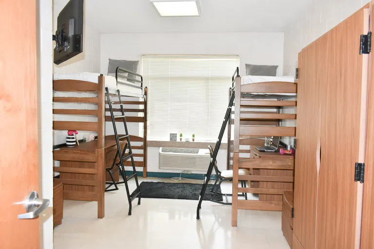 Photos of Fort Hall dorm room with updated furniture and decorative items.