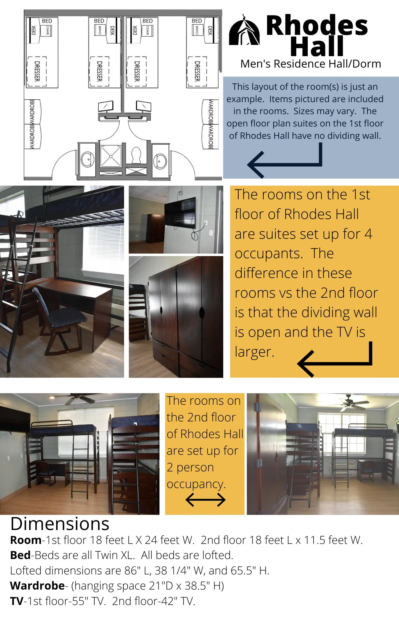 Informational Sheet for Rhodes Residence Hall with Pictures and room specifications.