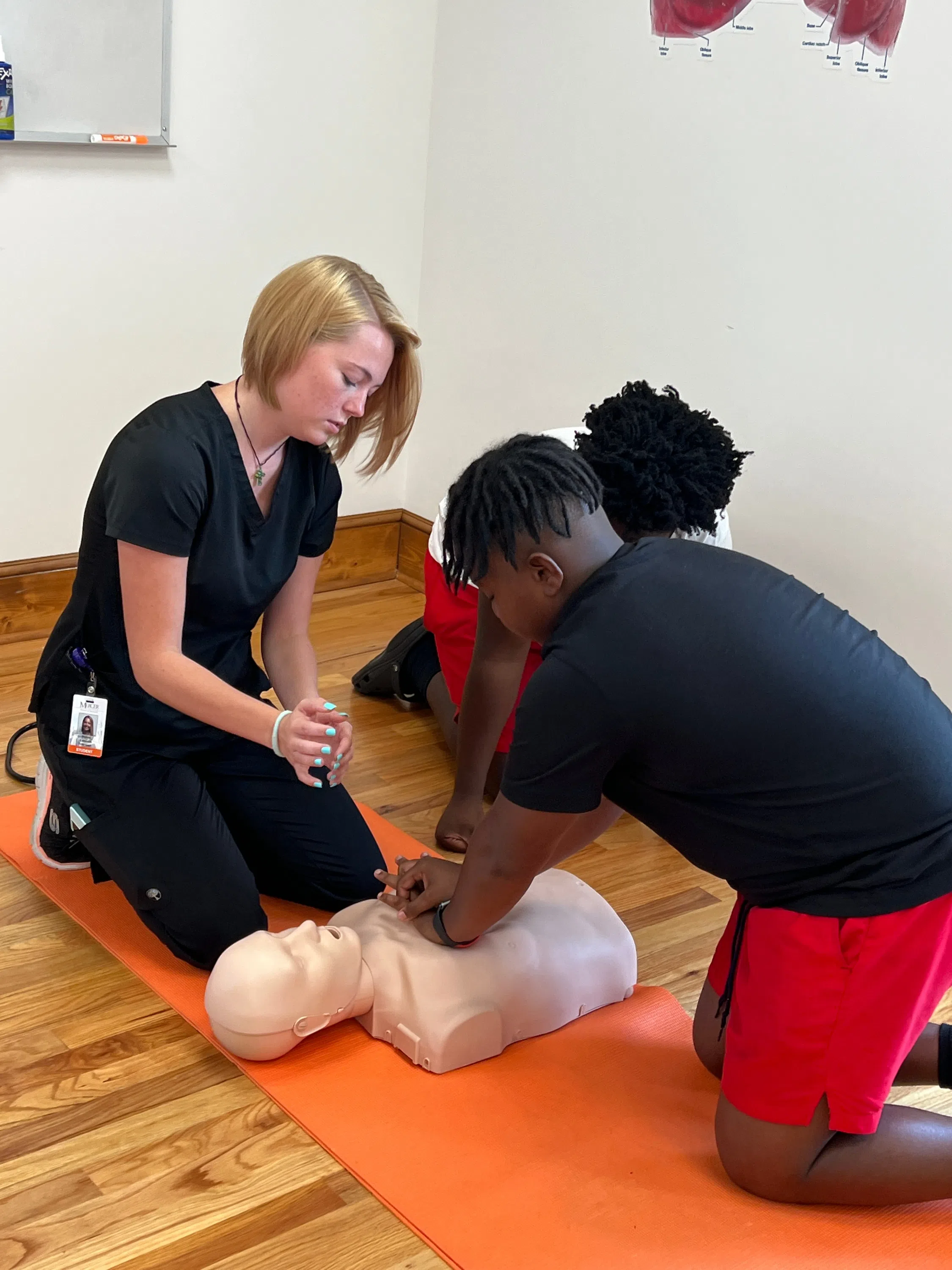 Students learn Respiratory Therapy skills at Med Camp held in Jones Chapel.