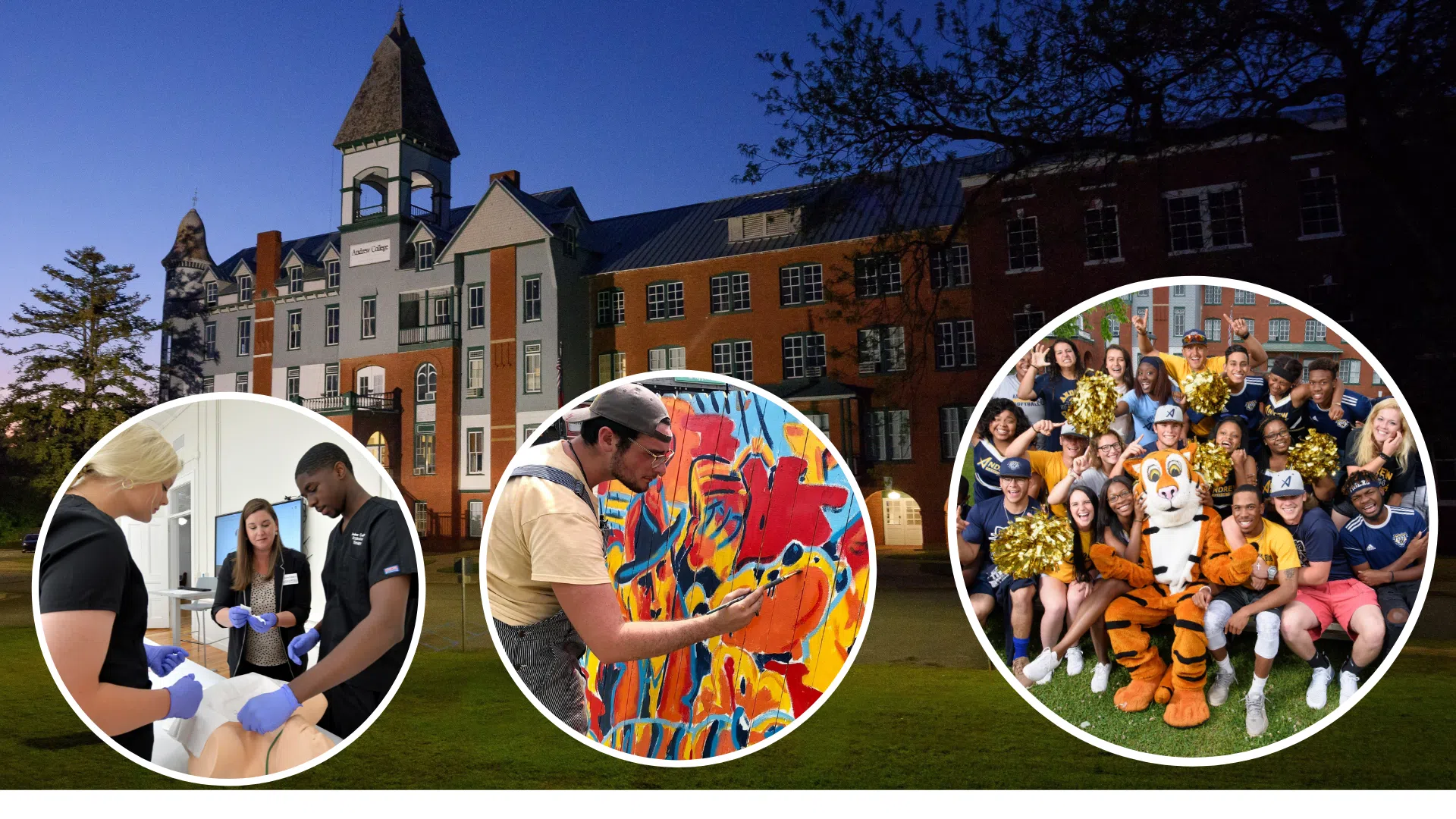 Come and visit Andrew College overview image with classroom respiratory therapy, art student painting outdoor mural, and college students having fun with Andrew College mascot, Andy Cat the Tiger.