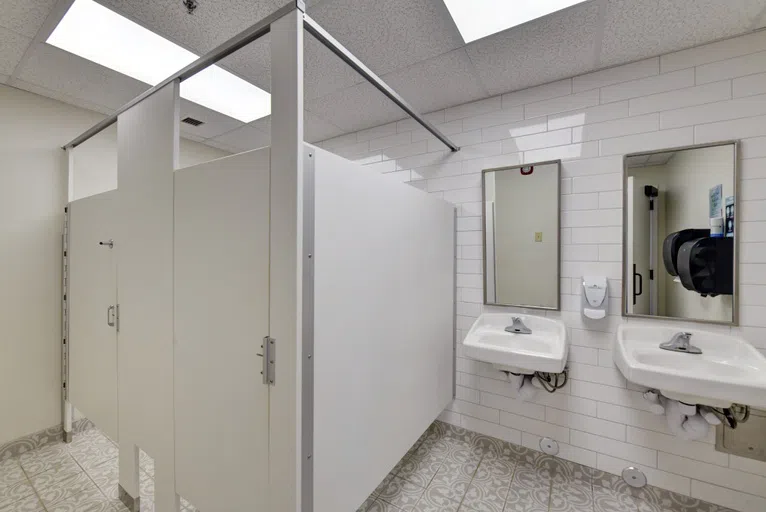 Photo of newly updated restroom facilities located in Staples Hall on the campus of Andrew College in Cuthbert, GA.