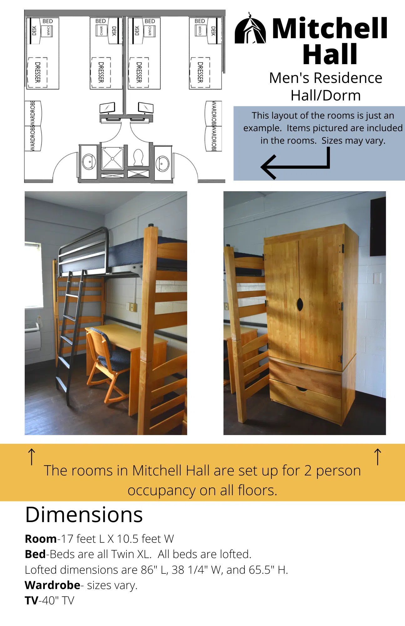 Informational Sheet for Mitchell Residence Hall with Pictures and room specifications.