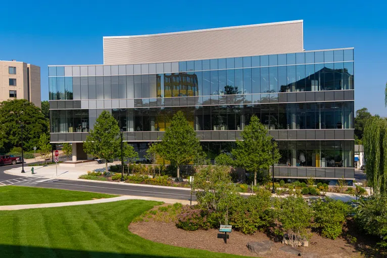 The glass front of the brand new Hall of Science building at American University.