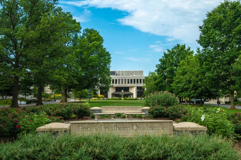 A view down the Eric A. Friedham Quadrangle toward the Bender Library.