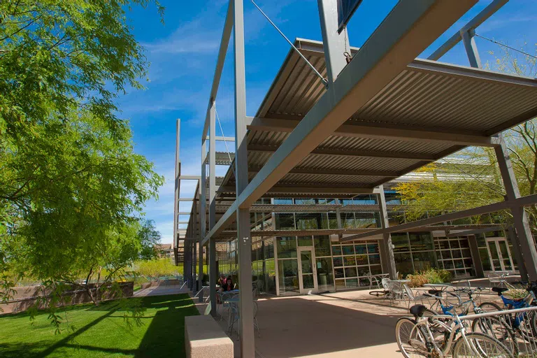 Metal covered patio in front of entrance to Student Union