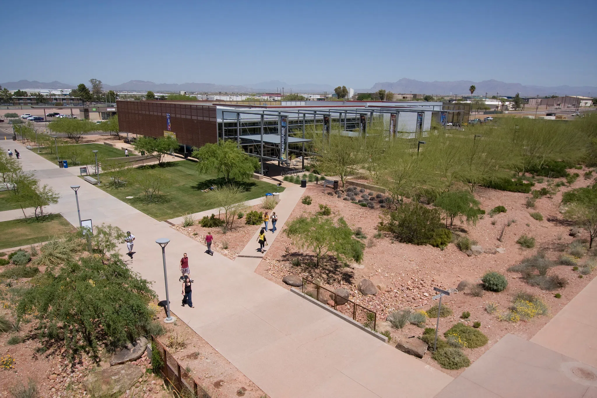 Aerial view of walkways and lawn in front of Student Union.