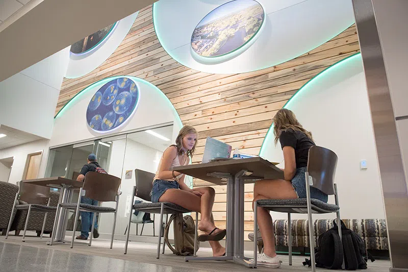 A study space in the Biology building. Two students sit at a table.