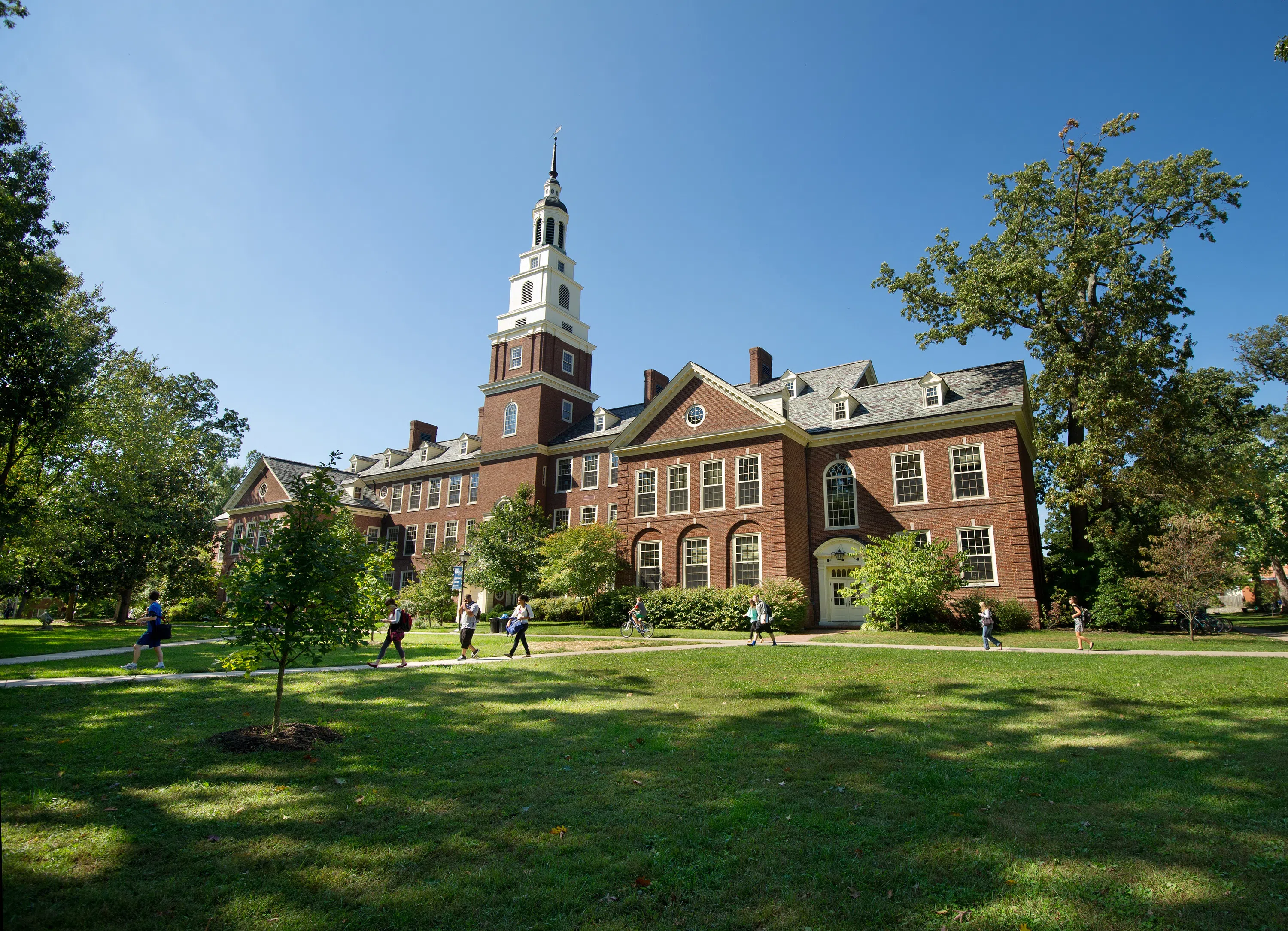 Exterior photo of large red brick academic building reminiscent of Philadelphia's Independence Hall.