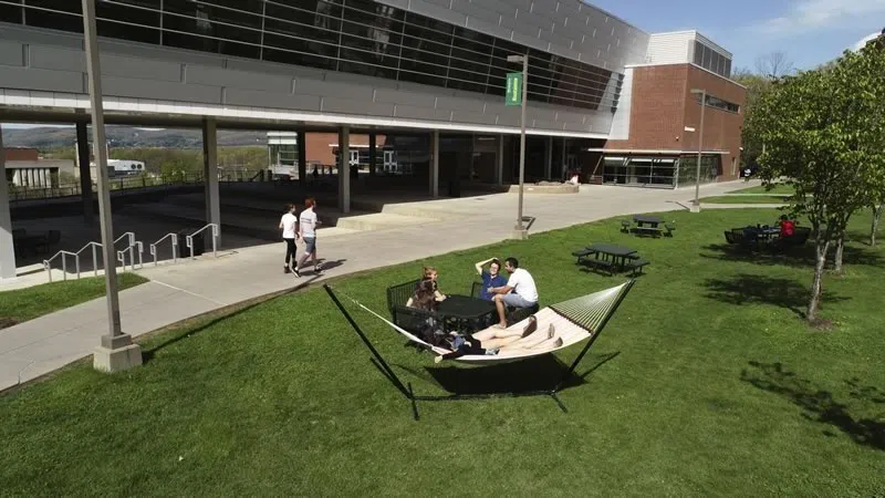 Students using the hammock outside the Mountainview residential buidlings