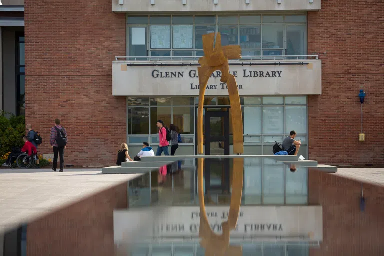 The Pegasus statue is located in front of the library tower where students walk through frequently.