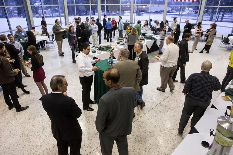 Watson School of Engineering and Applied Sciences Networking Event held in the Rotunda of the Engineering and Science Building in the Innovative Technologies Complex.