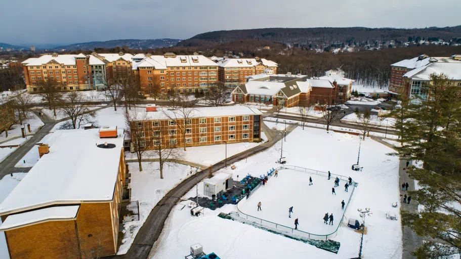 View of Old Dickinson from above covered in snow