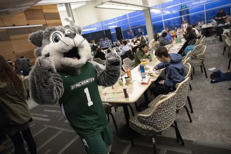 Baxter the bearcats visits the dining halls on campus.