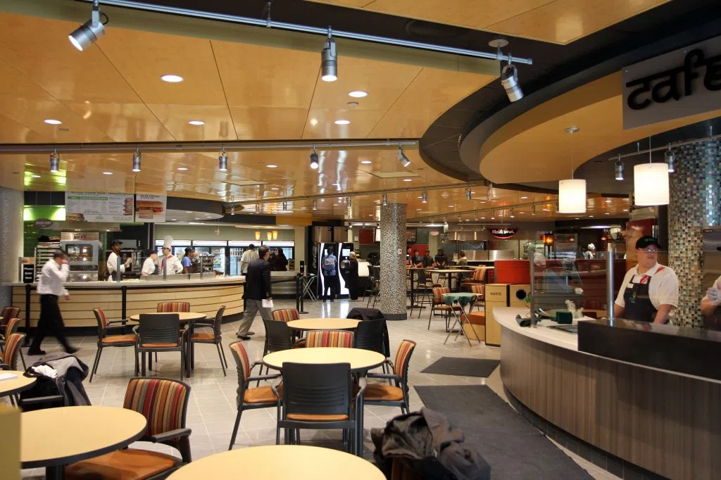 The MarketPlace features multiple food stations and study spaces for students.