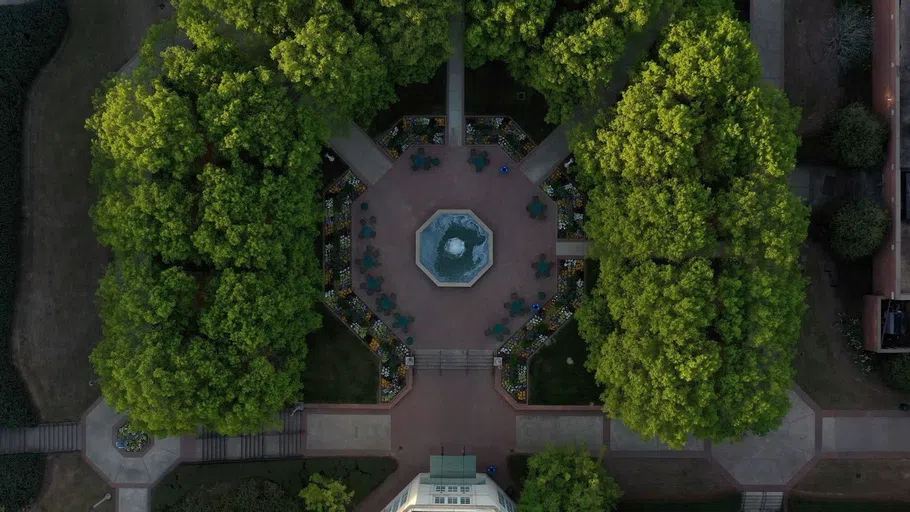 Aerial shot of Norton campus fountain