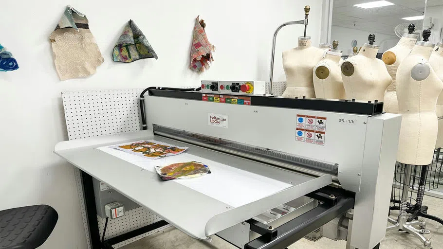 One of our many exciting pieces of equipment in the lab is the FeltLOOM, used to felt denim + other fabric scraps to create unique fabric with less impact on the world.