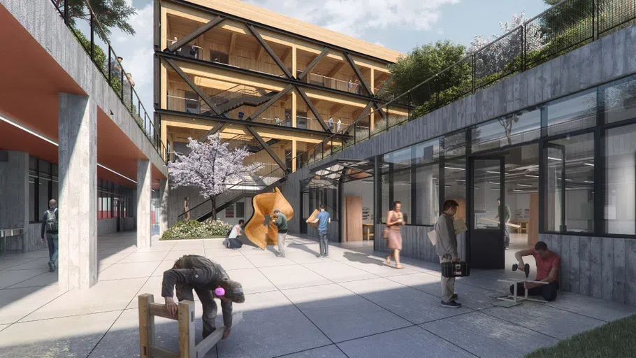 An architectural rendering of a maker yard, a flexible outdoor courtyard for collaborating and working with heavy materials.