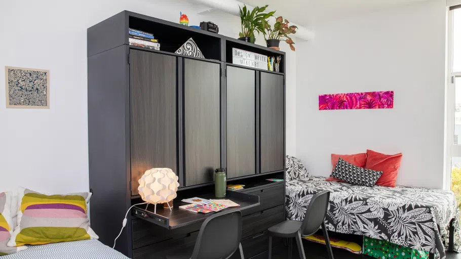 A view of a staged Double Studio room in Founders Hall.