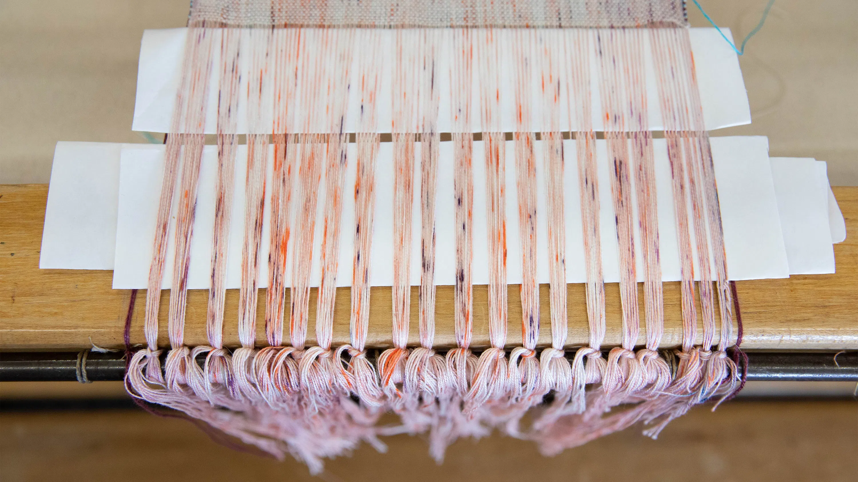 A top-down view of pink and white threads on a dobby loom.