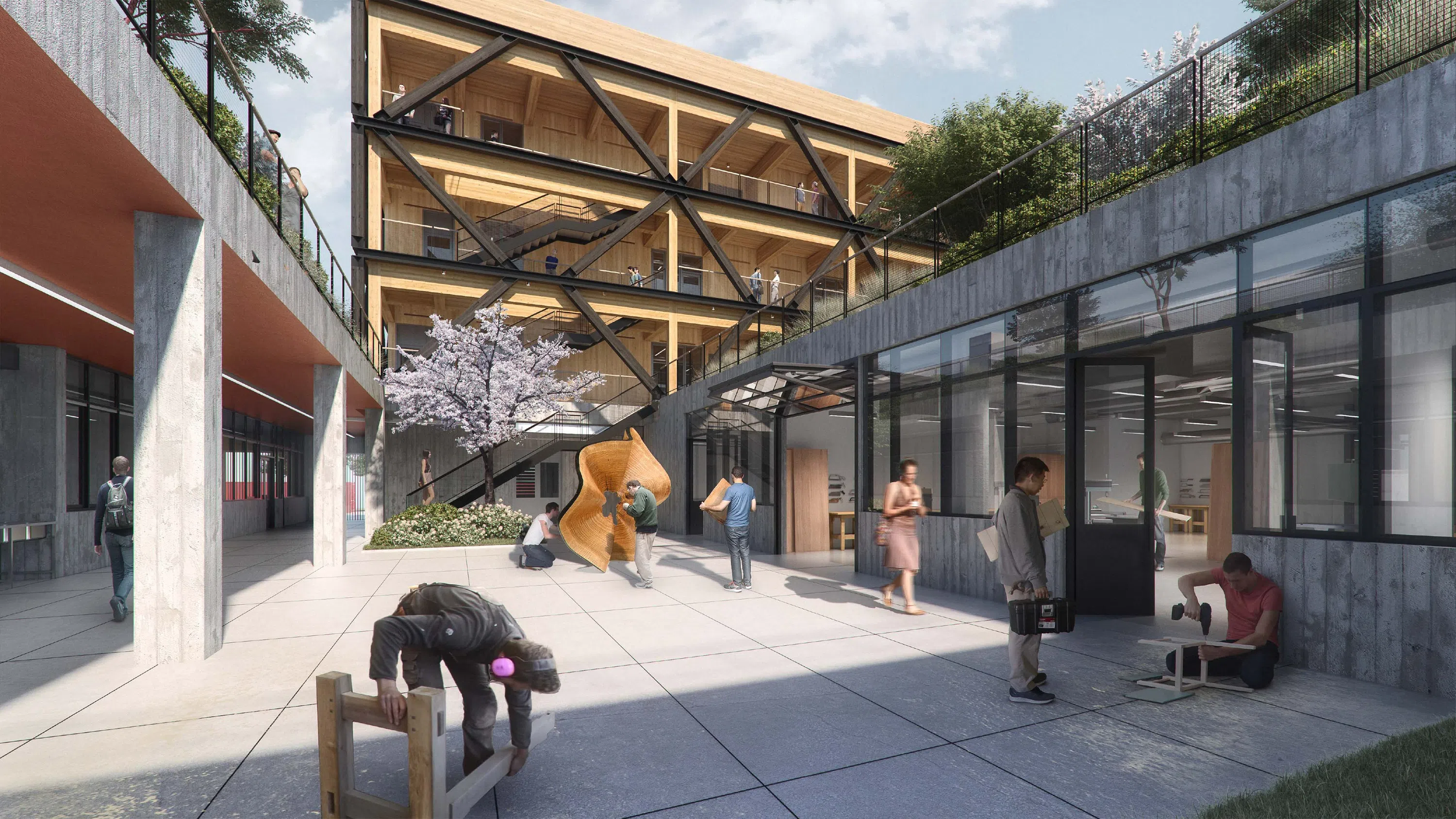 An architectural rendering of a maker yard, a flexible outdoor courtyard for collaborating and working with heavy materials.