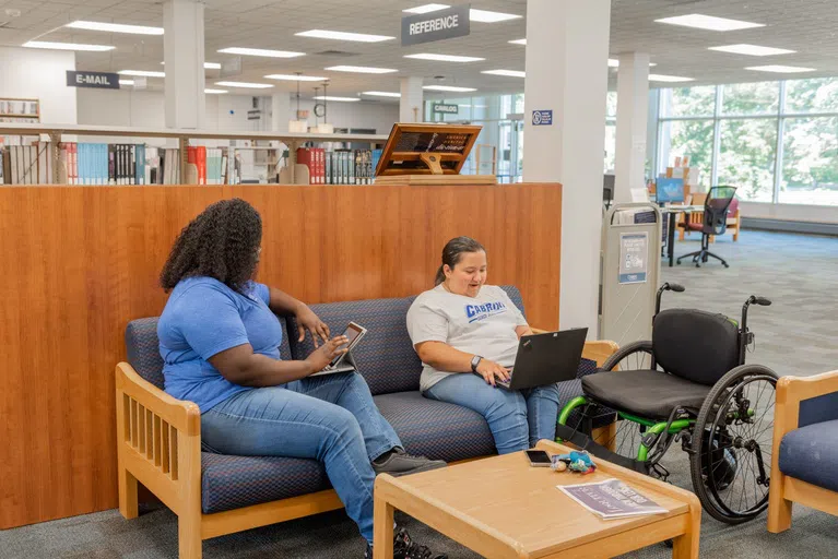 Two students working on a project in the Library