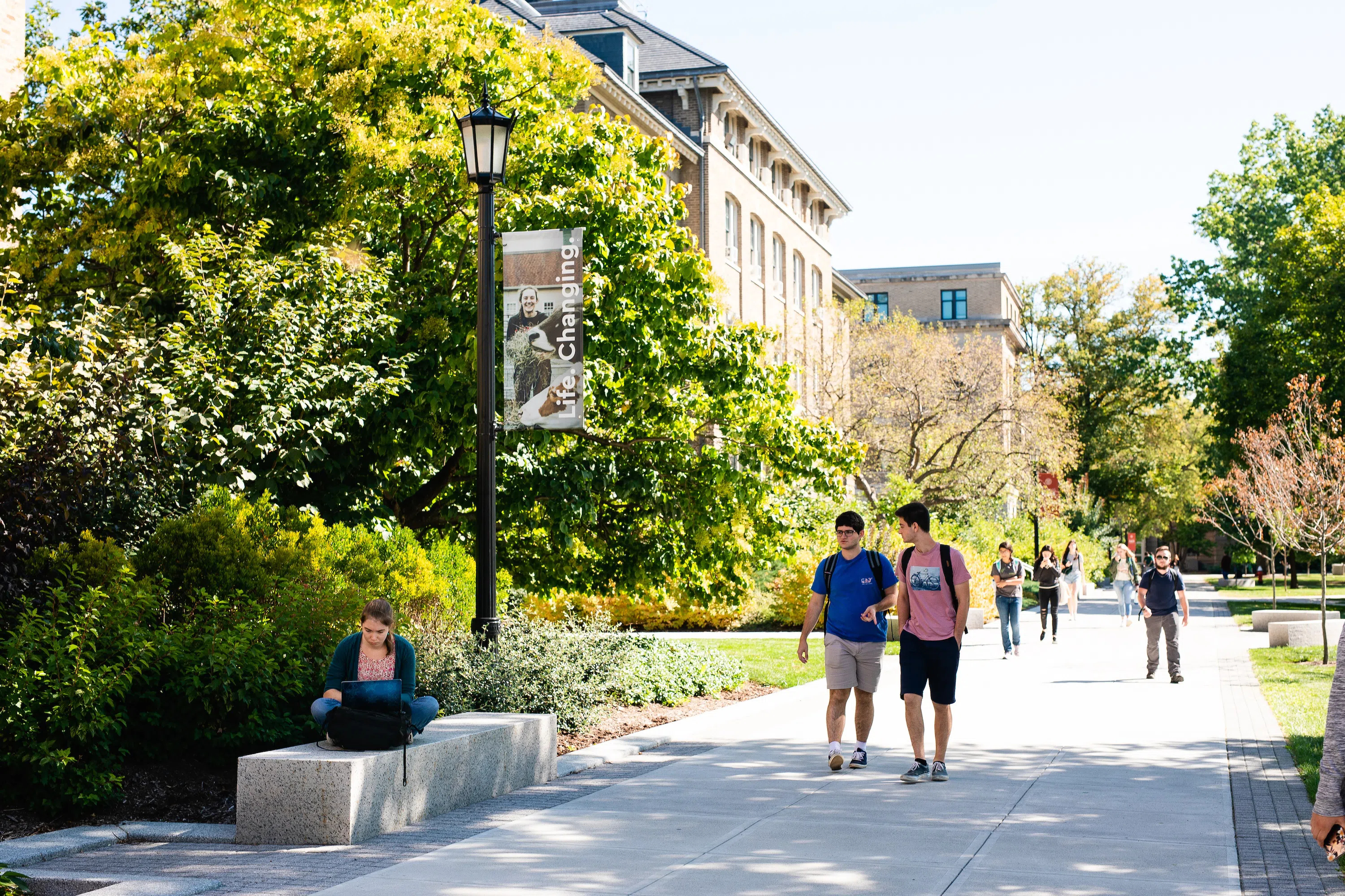 Students walk across one of the Ag Quad’s many pathways on a sunny day.