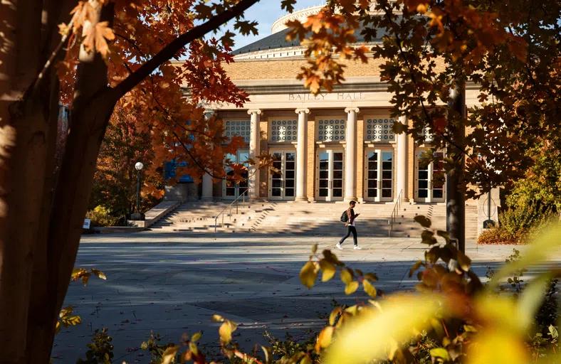 Exterior of Bailey Hall in autumn.