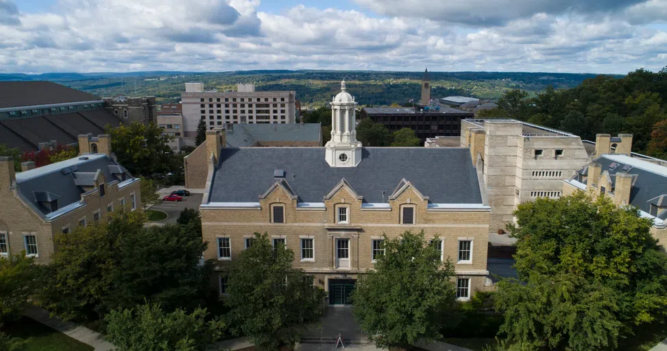 The exterior of King-Shaw Hall as seen from the front entrance.