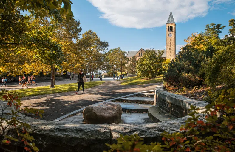 View of Ho Plaza with McGraw Tower and trees in the background.