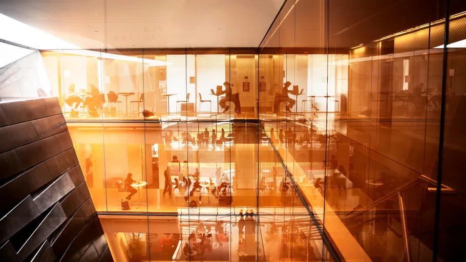 Students and faculty working, studying and talking as seen from the opposite side of the Gates Hall atrium. Individuals are seen on several different floors behind glass-paneled walls.