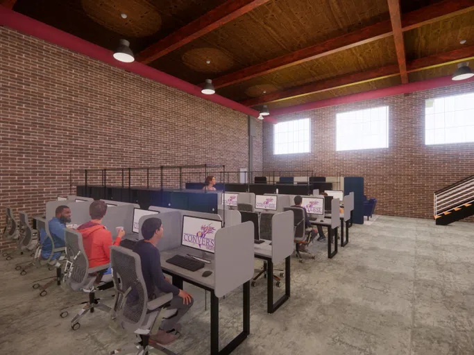 A computer rending of a high-ceiling room with four rows of computer stations and stairs to the right.