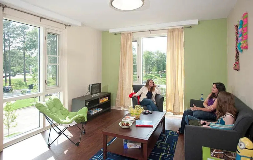 A soft green room with large windows. Students relax on couches and chairs around a coffee table.