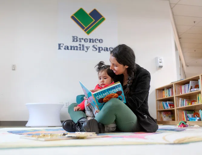 A mother sitting on the floor reading a book to a child in her lap