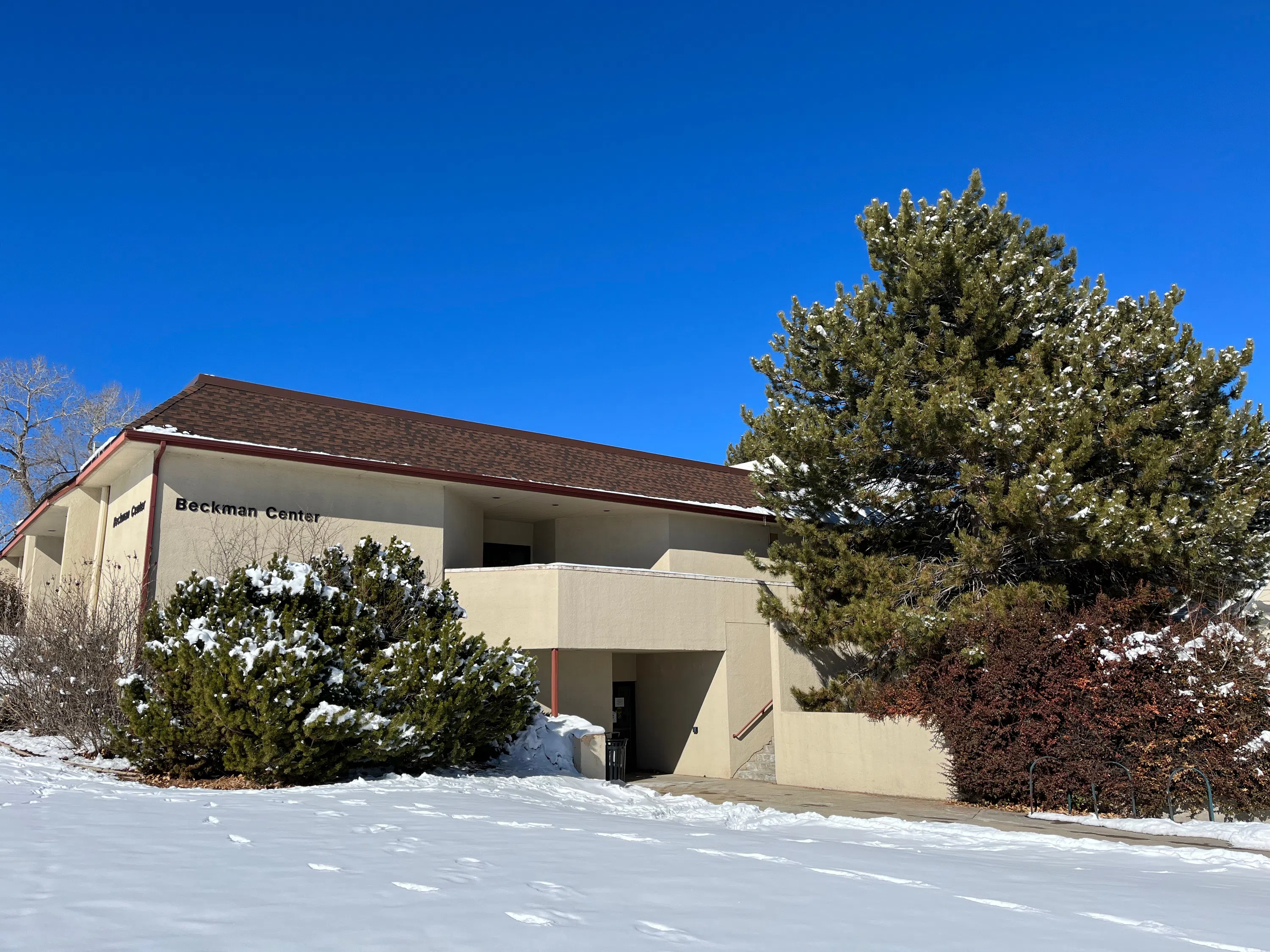 side view of Beckman with two levels and trees surrounding it