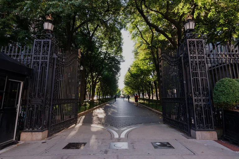 Wrought Iron gates that open to a stone walkway with lush green trees lining each side.