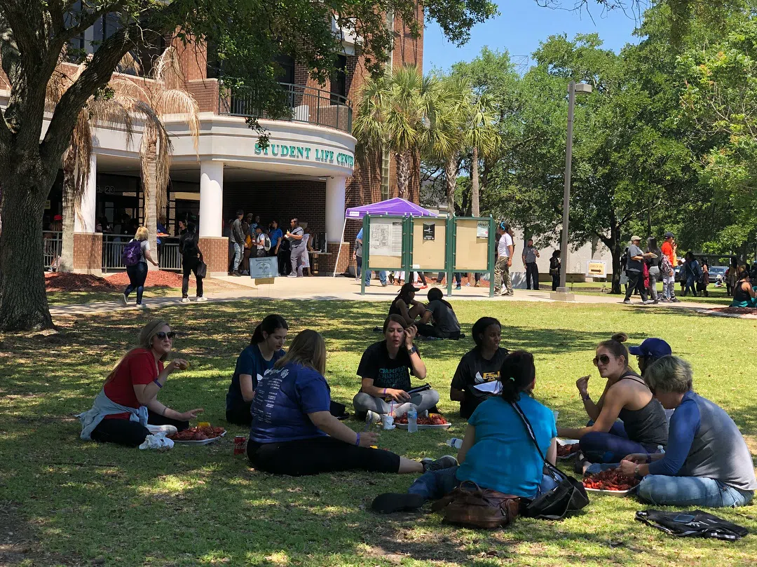 group of students sitting outside a building on the grass