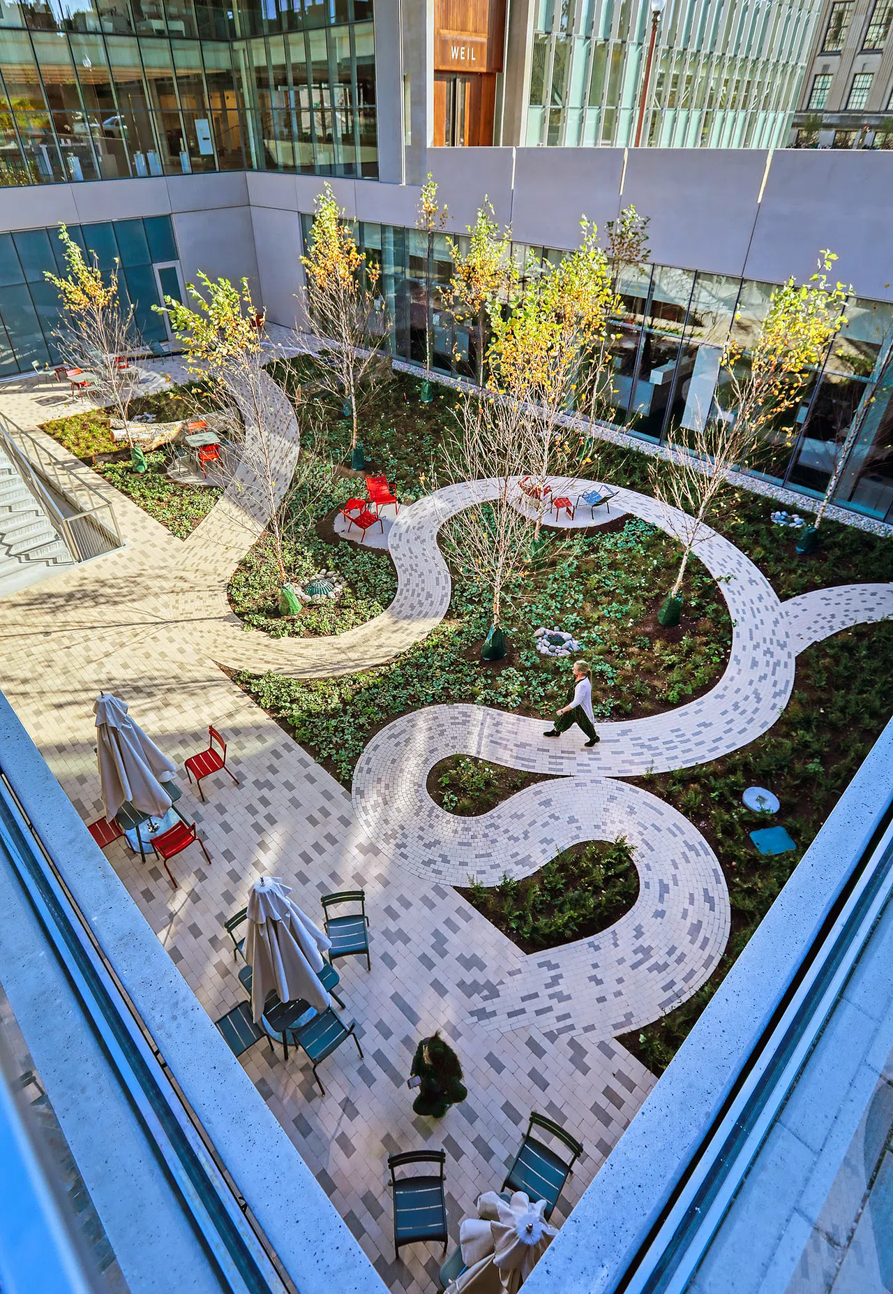 Looking down at the courtyard outside of the Welcome Center