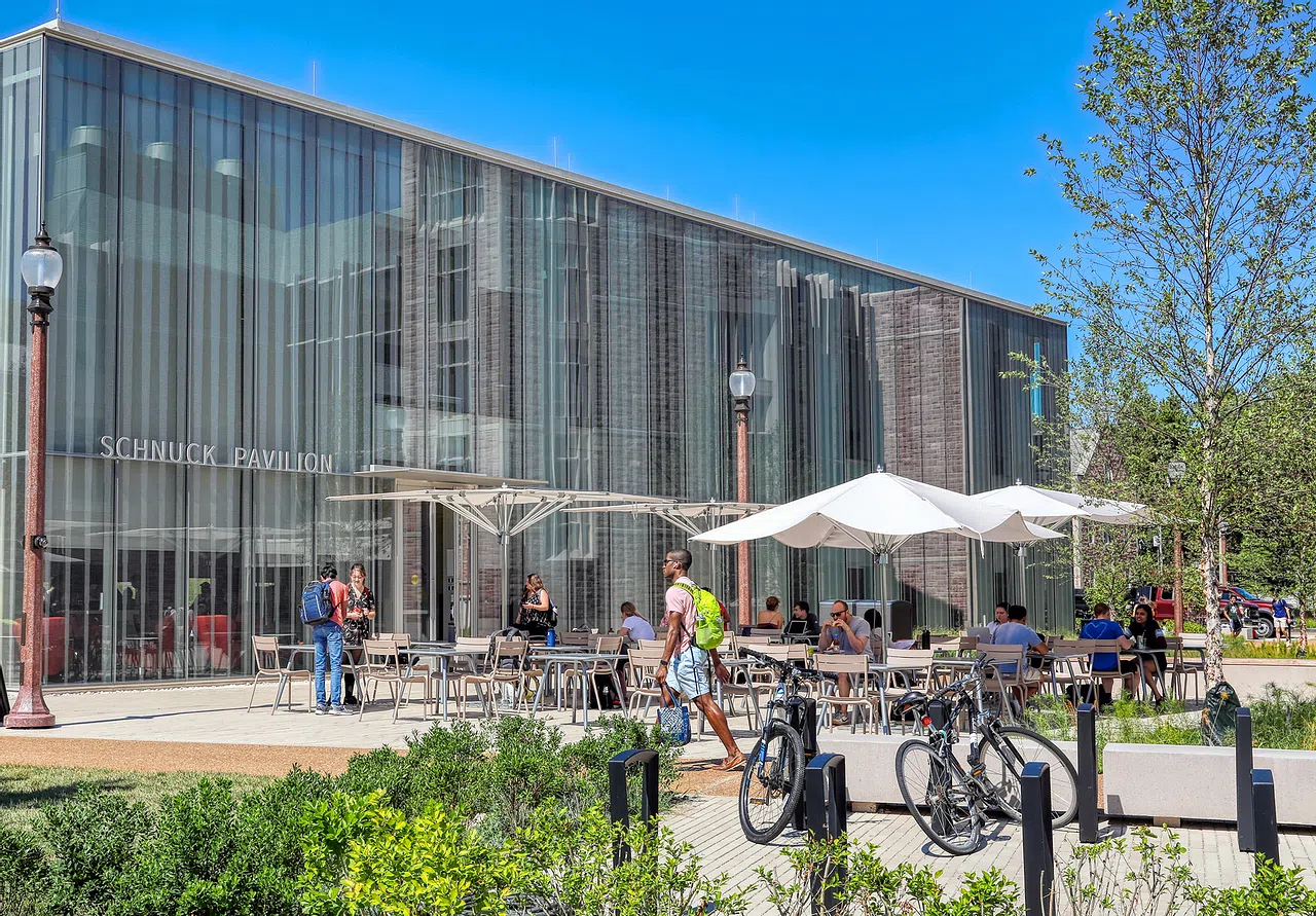 Exterior shot showing the tables on the pavilion outside of Schnuck