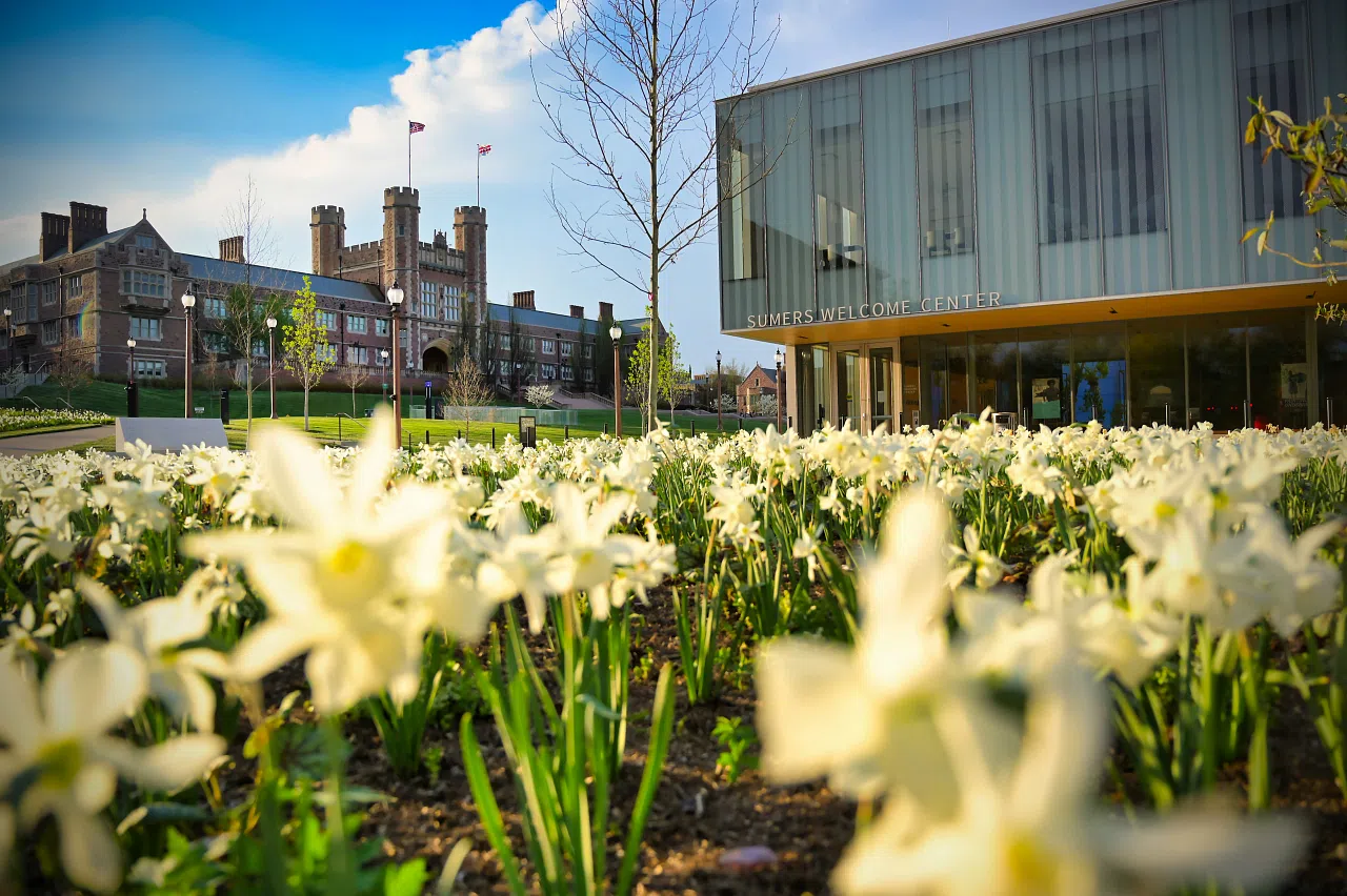 Welcome Center and Brookings Hall set behind yellow flowers