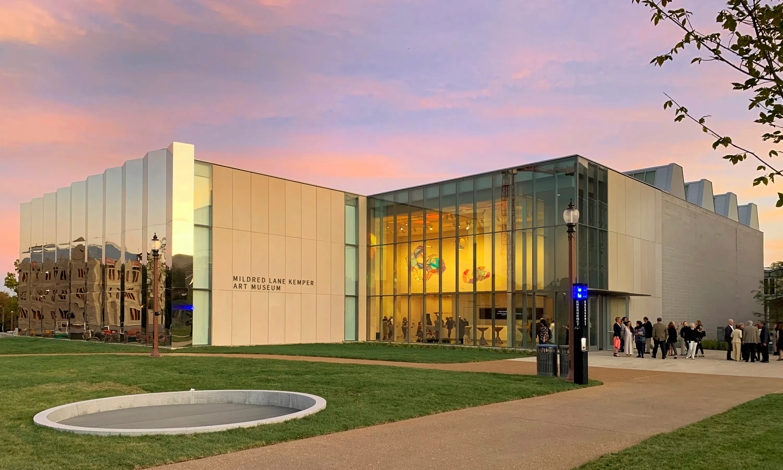 An exterior shot of the Kemper at sunset