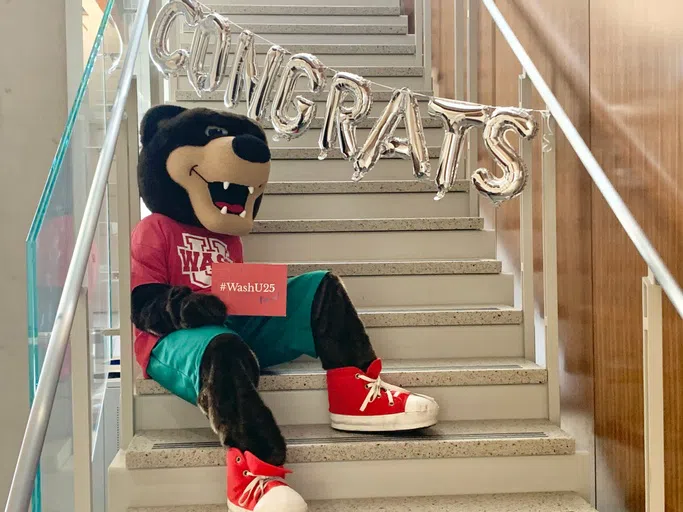 The WashU Bear mascot holds a #WashU25 envelope with the words "I'm In!" written on the front, sitting on a set of stairs in front of a string of balloons that reads "Congrats".