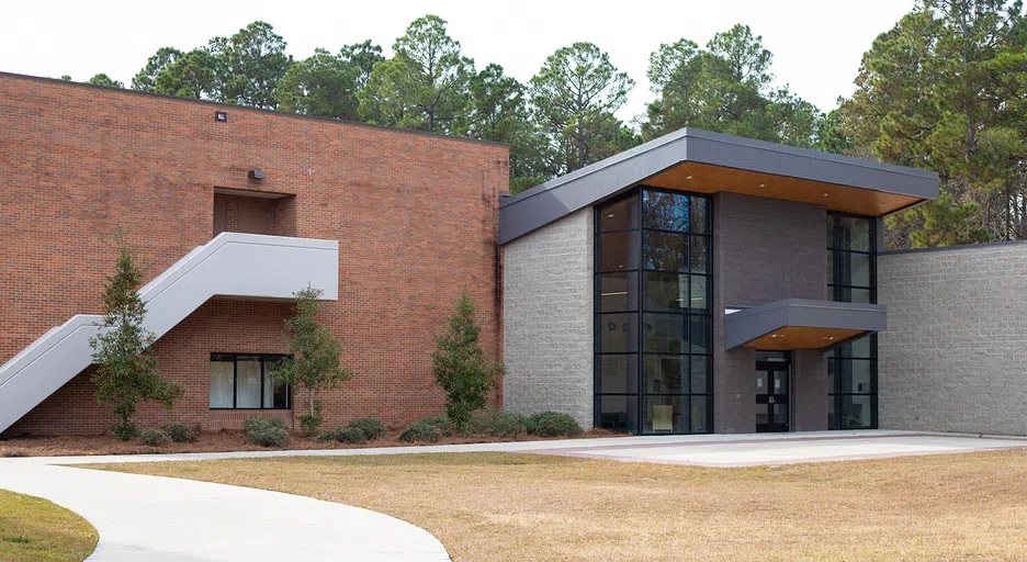 Lower level entrance to academic bldg