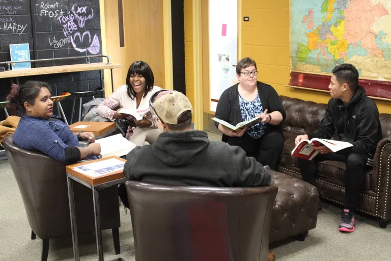 Students hanging out in the Lift Lounge of ATB.