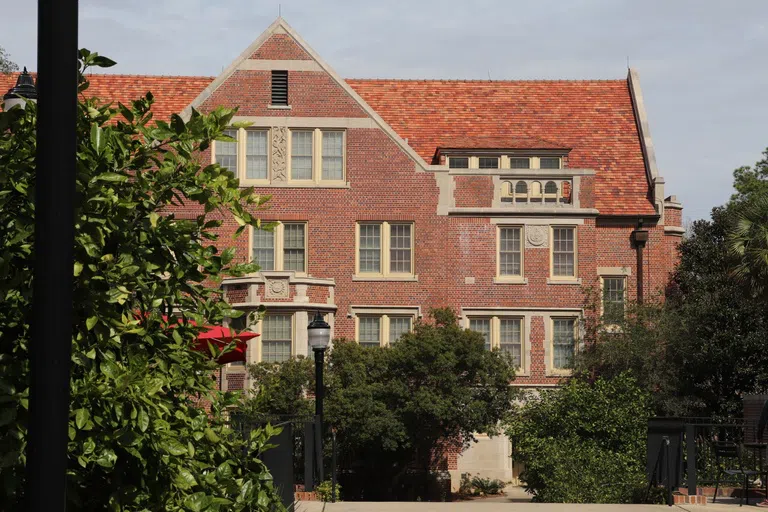 Red brick exterior of a historic renovated hall